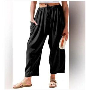 Tarse Black Linen Blend Wide Leg Cropped Lounge Pant XL